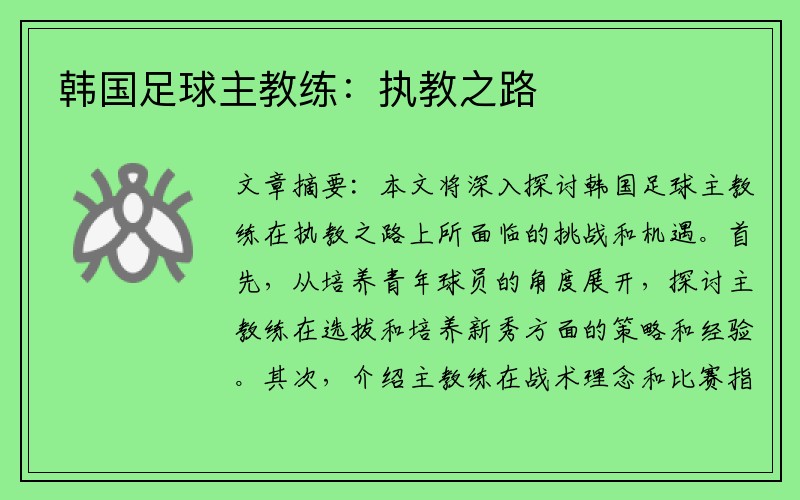 韩国足球主教练：执教之路